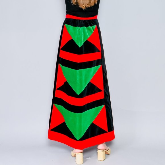VINTAGE Bergdorf Goodman Mountain Artisans Geometric Velvet Maxi Skirt 70s - Picture 4 of 8